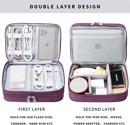 Travel Cable Organizer Bag, Electronic Accessories Case Portable Double Layer Cable Storage Bag for Cord,Phone,Charger, Flash Drive, Phone, SD Card,Personal Items - (Purple)